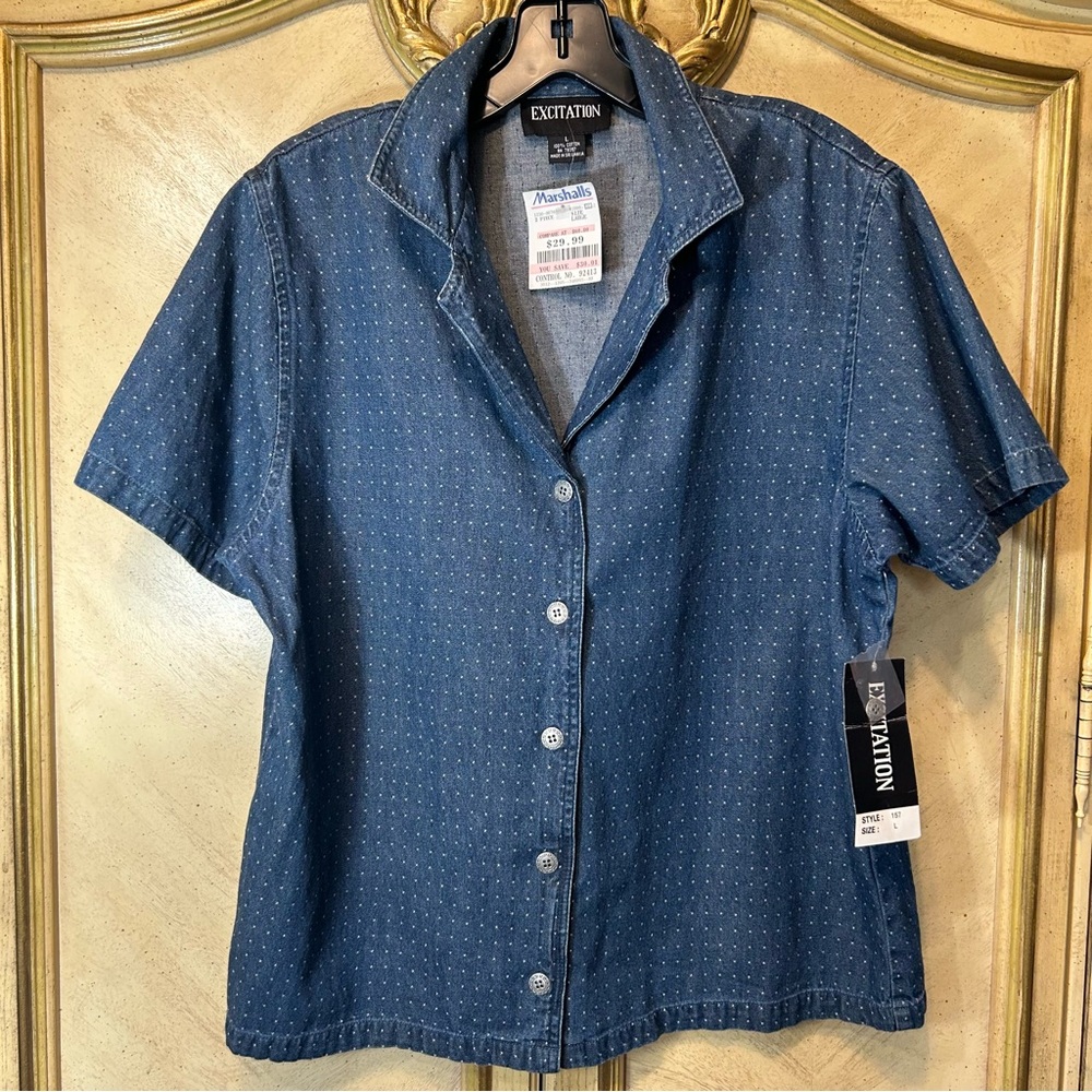 Blue Denim Dotted Dot Short Sleeve Silver Front Button Shirt NEW NWT